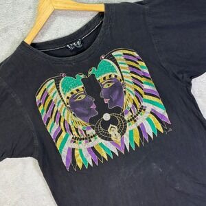 Vtg Lyon Women's Egyptian Graphic Tee Black Gold Glitter Art Top Sz M 3/4 Sleeve